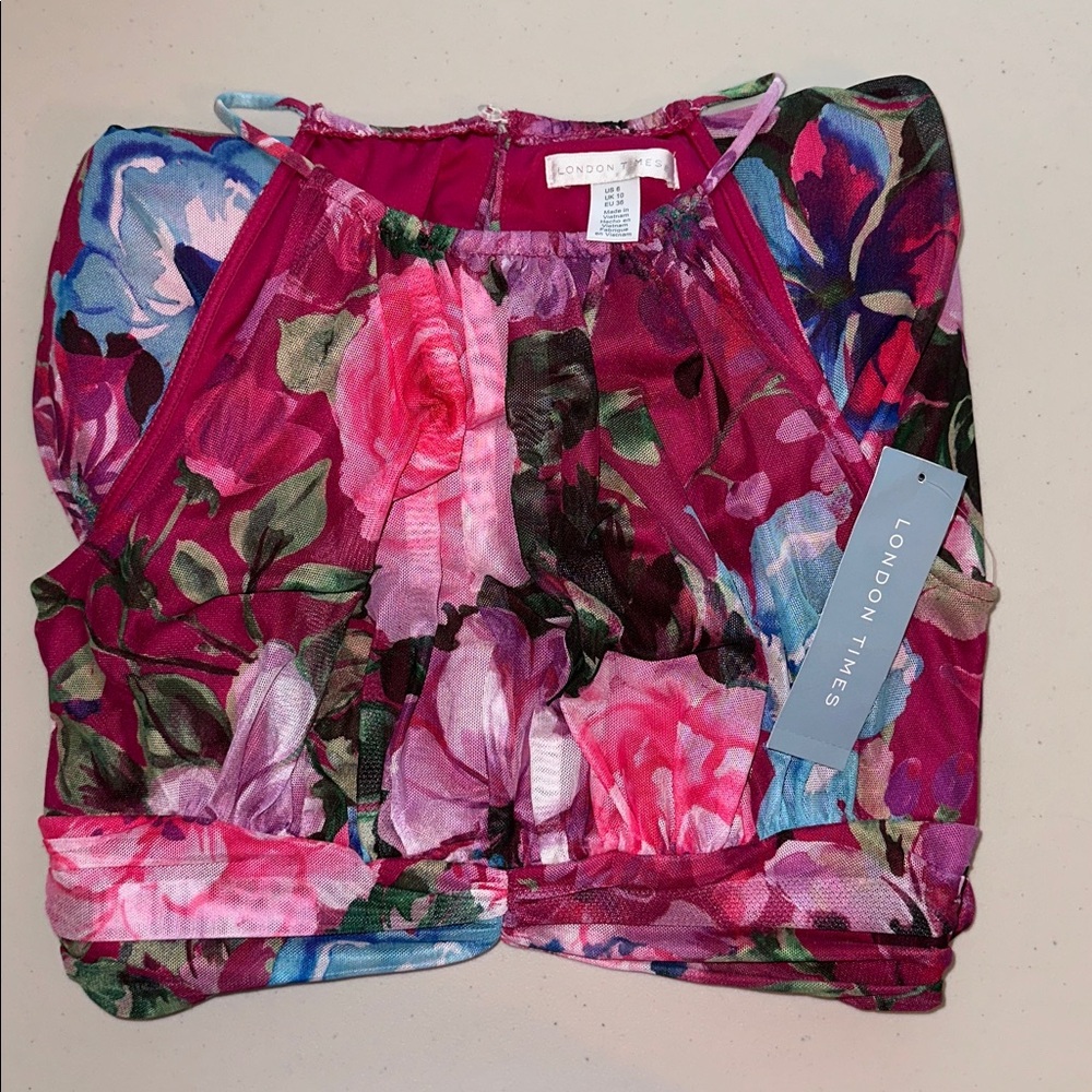 NWT London Times Floral Halter Maxi Dress in Magenta and Blue Size 6 - Picture 15 of 15